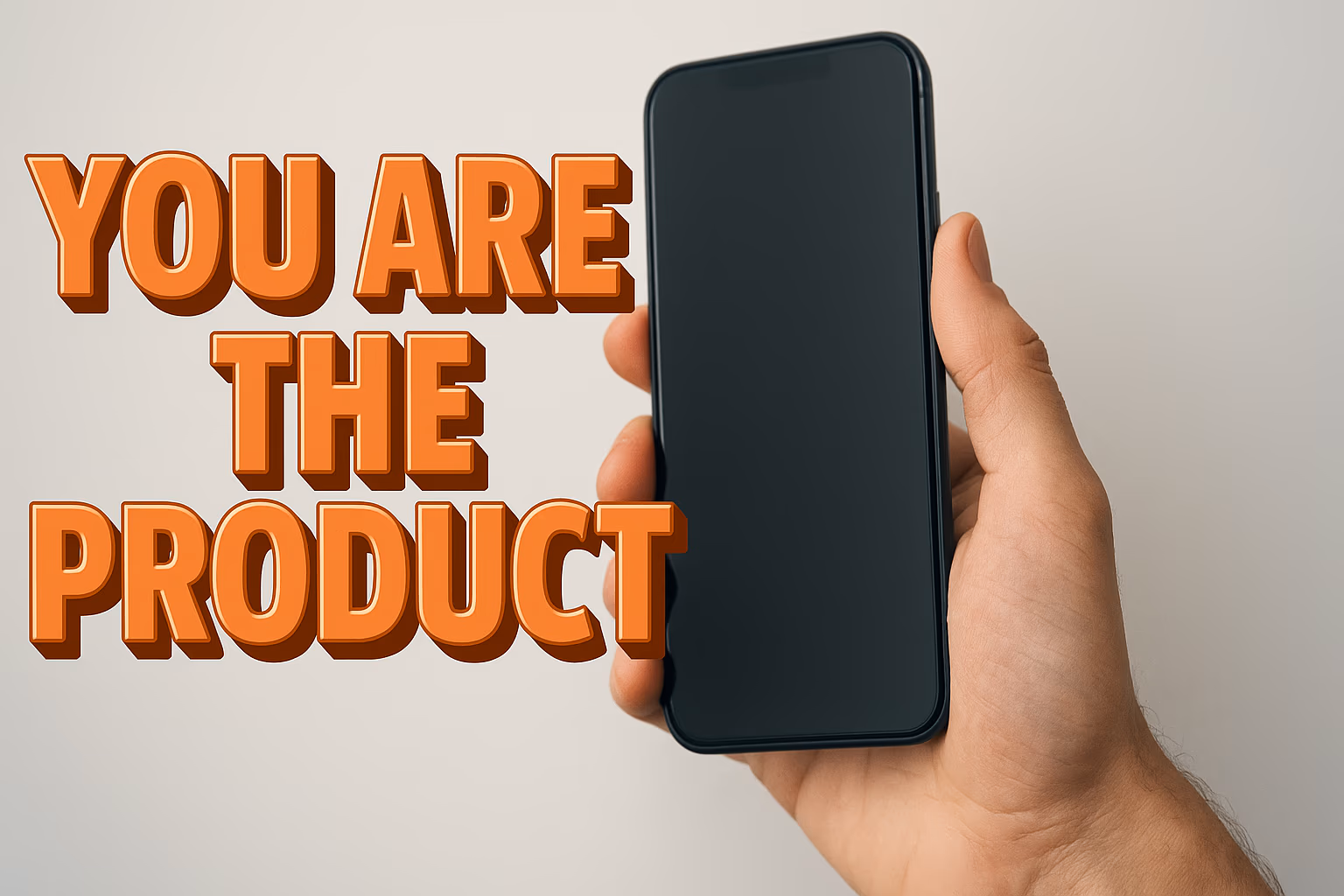 A hand holding a phone beside the words “You are the product”